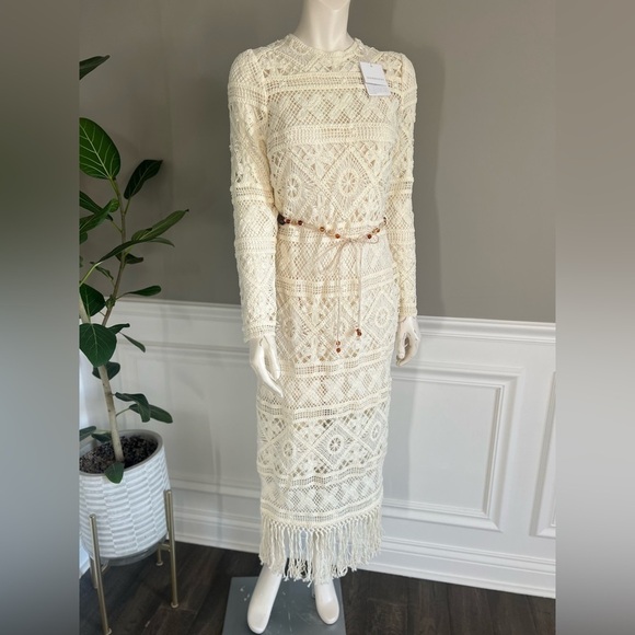 ZIMMERMANN Cira Ivory Ribbon Lace Tassel Midi Belted Dress sz 1 NWT 950$ - Picture 6 of 15